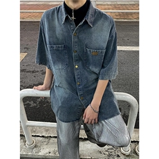 美式高街高级感牛仔短袖衬衫男女夏季潮牌宽松休闲外套LJ177-P54，男装T恤，星座1008