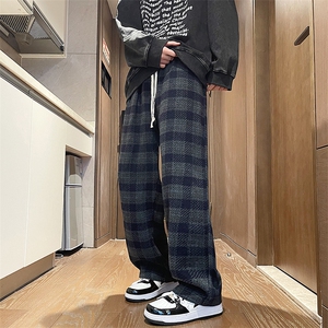 格子休闲裤男士潮牌美式vintage工装裤子宽松阔腿毛呢裤图片