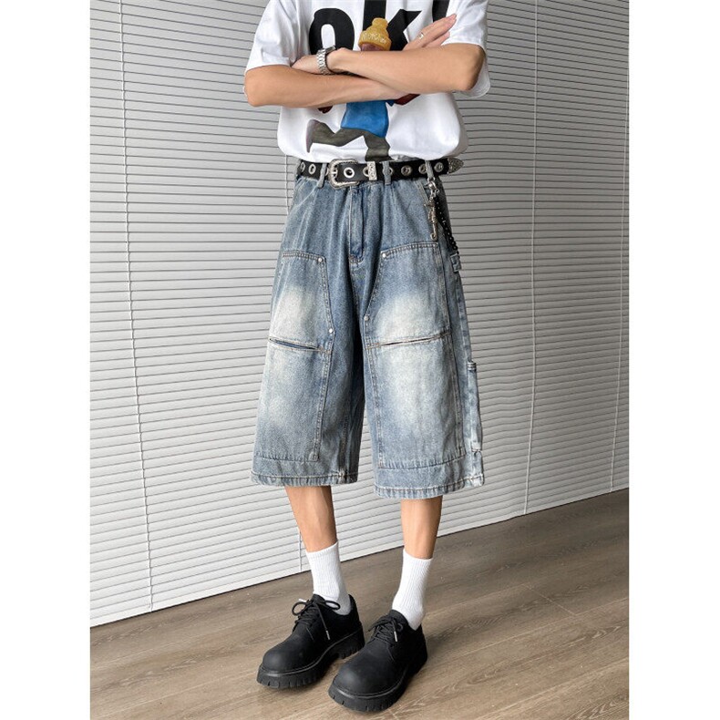 牛仔工装七分裤男2025夏季新款美式复古高街小众短裤D05512-P55,男装牛仔裤,星座308B-1