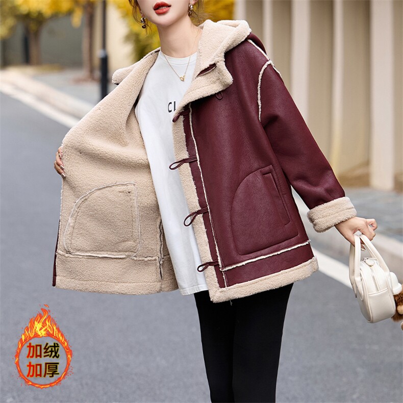 连帽仿羊羔毛外套女冬2024新款时尚休闲加绒加厚皮毛一体中长款棉服,女装羊羔毛/颗粒绒,江南女神