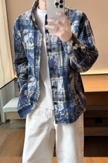 蓝色扎染格子衬衫男设计感翻领衬衣vintage情侣V3072-TP28不，男装衬衫，电商A102