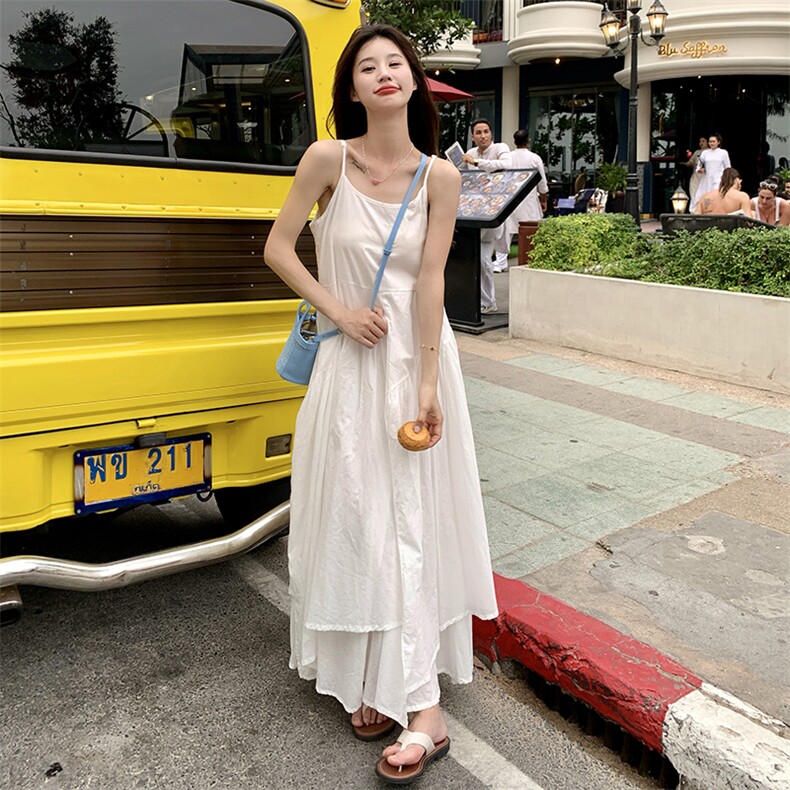 法式初恋白色连衣裙女2025年夏季新款甜美温柔风海边度假吊带长裙,女装连衣裙,诺蝶