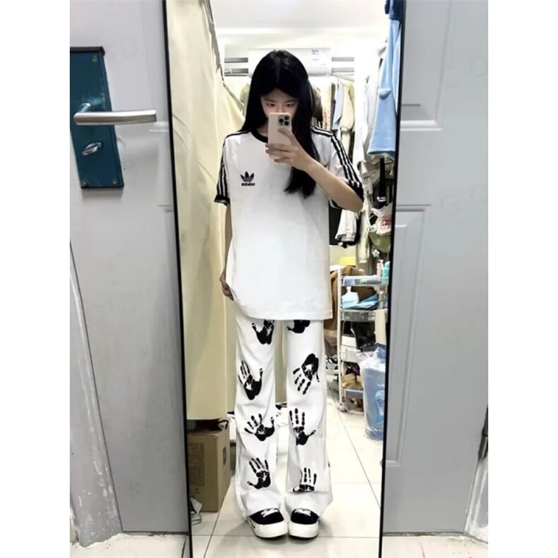 2026水墨手掌印花白色牛仔裤高街hiphop潮炸街长裤K71126-P45网图图片