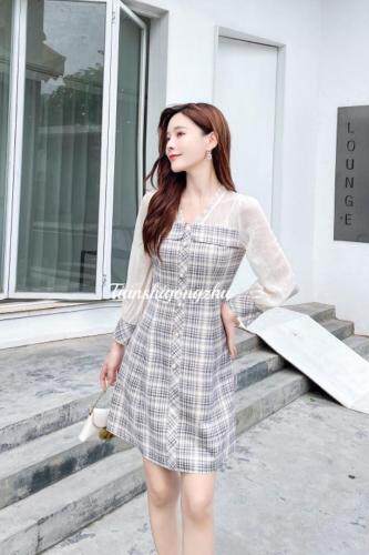 格子烫钻时尚潮流连衣裙，女装连衣裙，天使公主