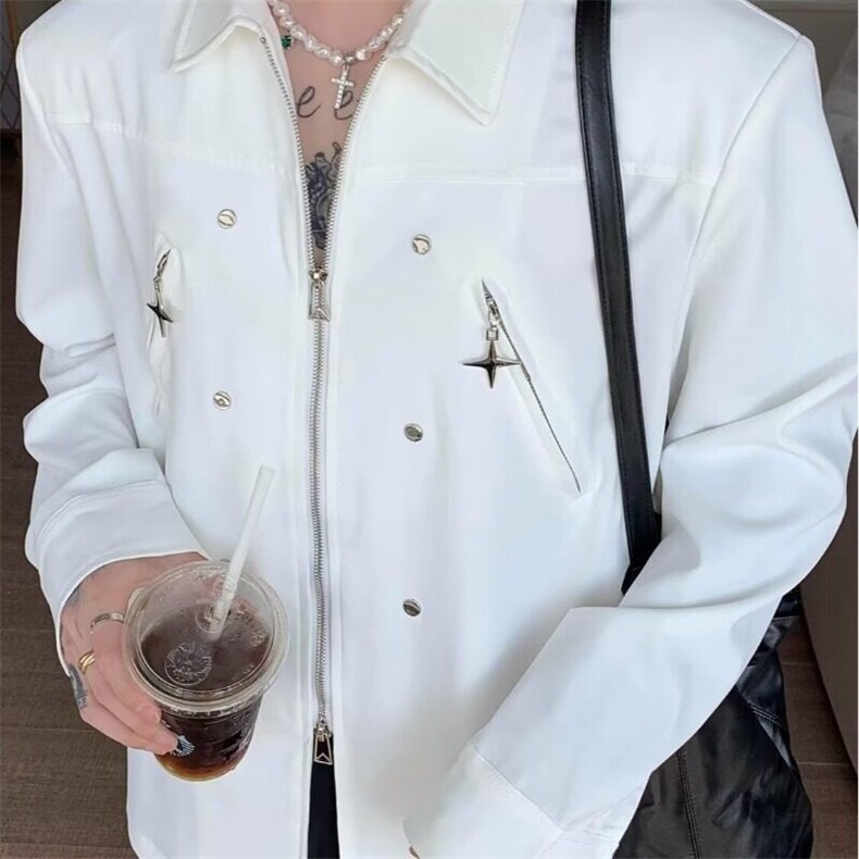 高级感小众结构金属拉链垫肩衬衫痞帅长袖衬衣男韩版宽松开衫外套图片