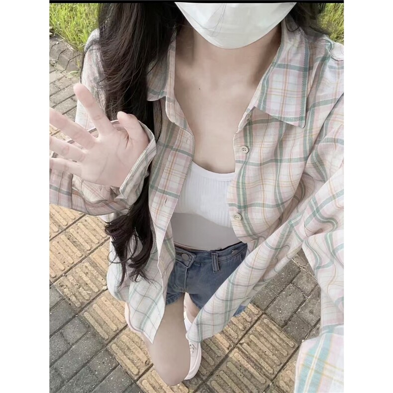 纯棉格子长袖衬衫女宽松早秋新款韩系少女开衫衬衣防晒春夏外套图片