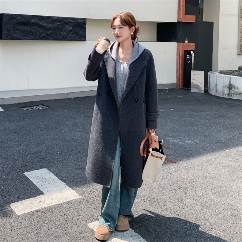 现货新款双面羊毛长毛呢加厚帽子可脱卸大衣外套,女装双面呢大衣,丝露依尚（原SL）