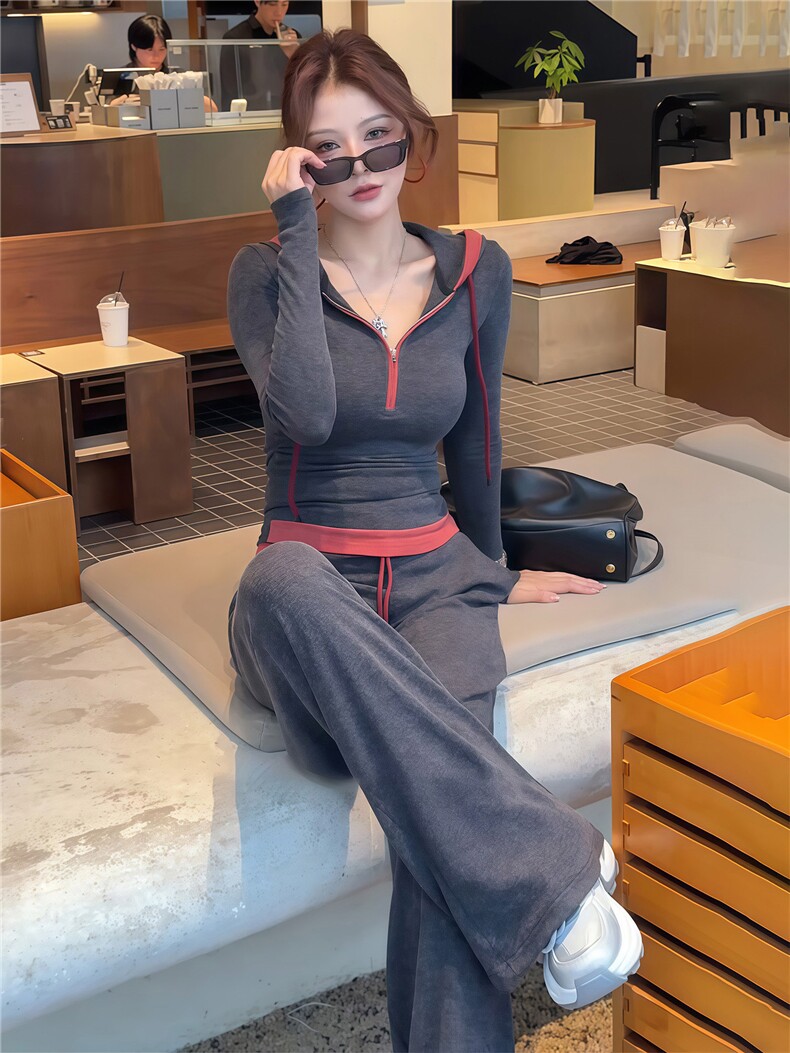 慵懒风一整套穿搭女春季时尚休闲撞色拼接长袖上衣阔腿长裤两件套,女装套装/套裙,江南