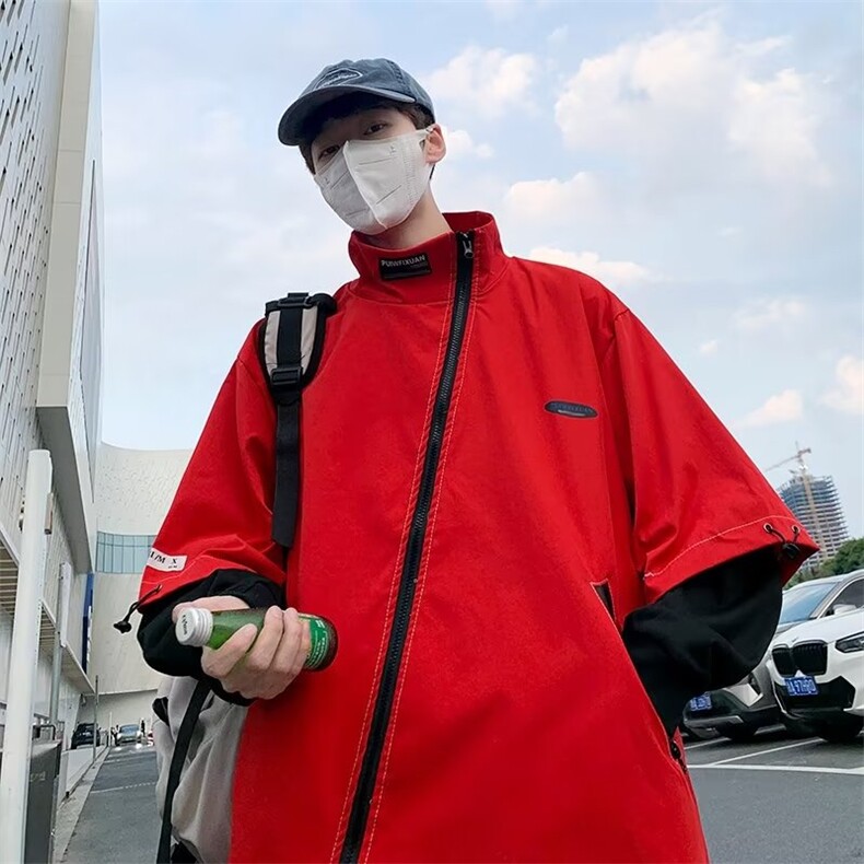 秋季新款美式高街斜拉链夹克上衣潮牌设计感工装外套男W3574-P55,男装夹克,星座512-2