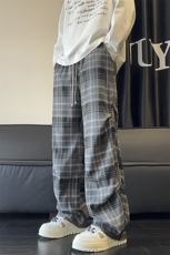 复古格子裤秋季褶皱伞兵休闲裤直筒拖地裤A486特P45控68，男装休闲裤，电商A309
