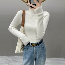 秋冬新款半高领针织衫女套头毛衣抽条打底衫时尚百搭修身显瘦内搭，女装羊绒衫，织绒羊