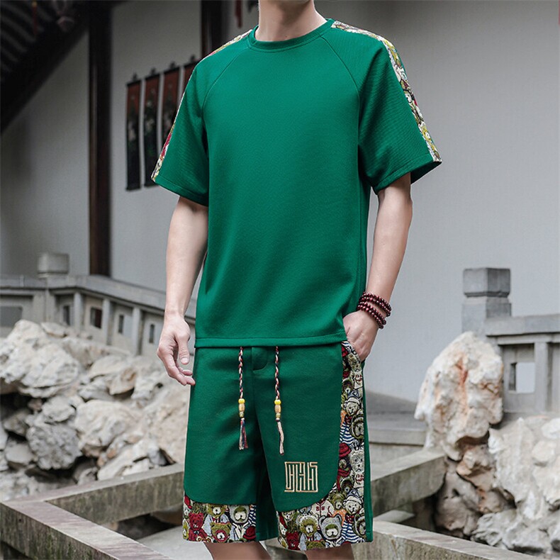 夏季拼接圆领T恤刺绣短裤两件套休闲运动套装潮A266-TZ9908-P50图片