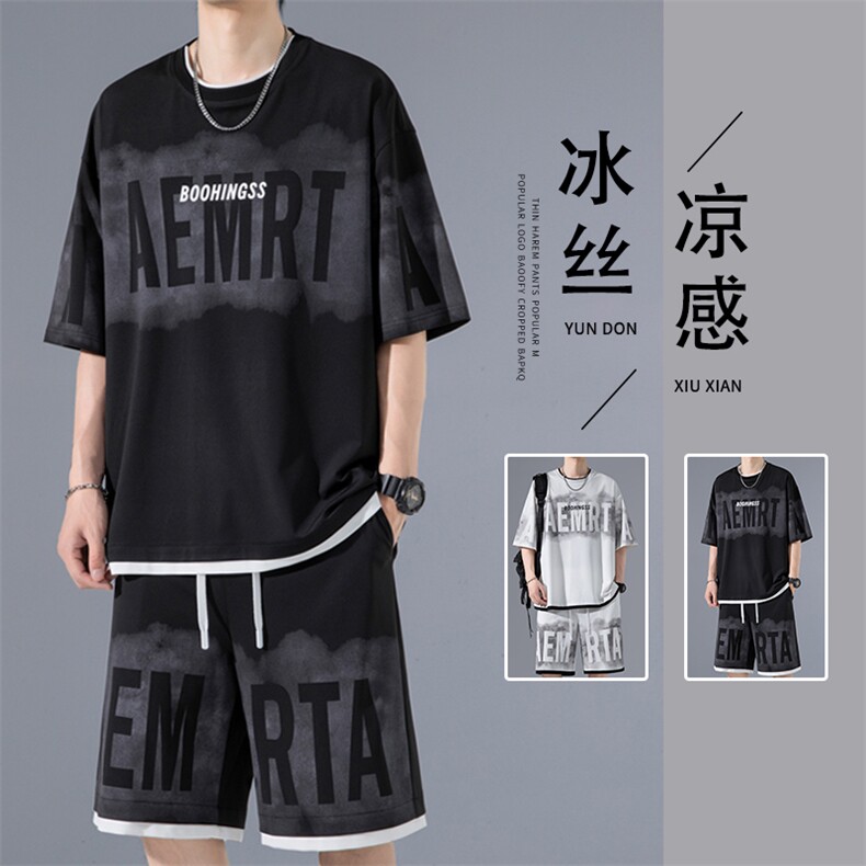 2024夏季新款无影墙大码冰丝印花短袖套装M-5XHQ24502-P75,男装休闲套装,电商A022
