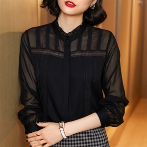 时尚优雅木耳边真丝衬衫女长袖显瘦气质百搭上衣,衬衫怎么搭配显气质图片