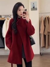 【依嘟】红色2025冬新款韩系高级感洋气小个子羊毛外套(配腰，女装双面呢大衣，依嘟服饰