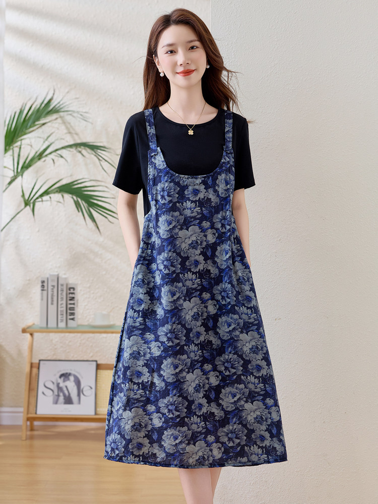 气质假两件拼接印花背带连衣裙女2025夏新款宽松洋气减龄休闲裙子,女装连衣裙,余墨
