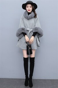 芷墨新款时尚洋气斗篷外套简约系带大毛领加厚毛呢外套女图片