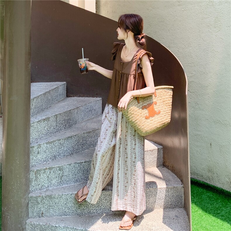 韩系小个子复古背心上衣套装女2025夏新款气质文艺范阔腿裤两件套,女装套装/套裙,2C170