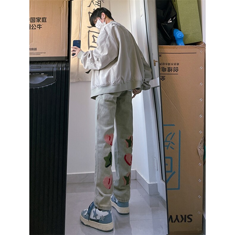 B221 美式ins高街暗黑小众情侣毛巾绣直筒牛仔裤 LK23021-P65控88图片