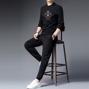 秋季男士休闲两件套圆领潮牌套装中年宽松免烫卫衣打底衫衣服秋装,男装休闲套装,电商B212（原钱塘6029）