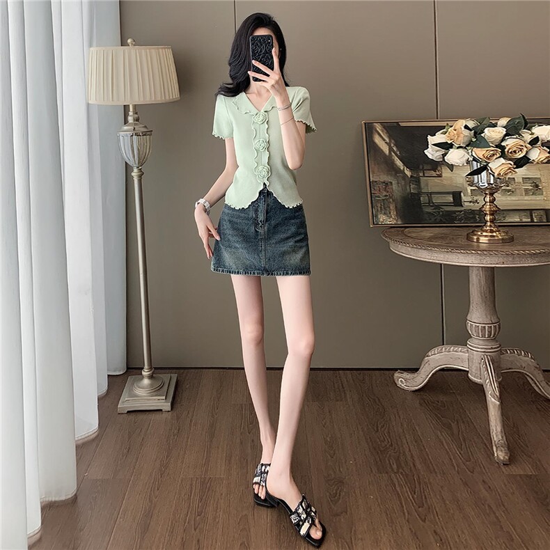 时尚气质套装女夏季新款修身显瘦立体花朵短袖上衣牛仔短裙两件套,女装套装/套裙,江南