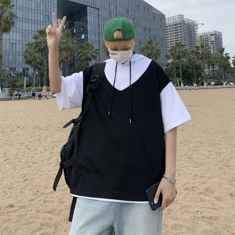 2024夏季新款男短袖T恤连帽潮流宽松拼接中袖情侣休闲百搭上衣图片