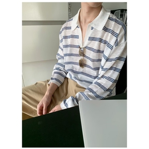 夏季薄款撞色条纹针织长袖T恤男女宽松休闲慵懒防晒上衣图片