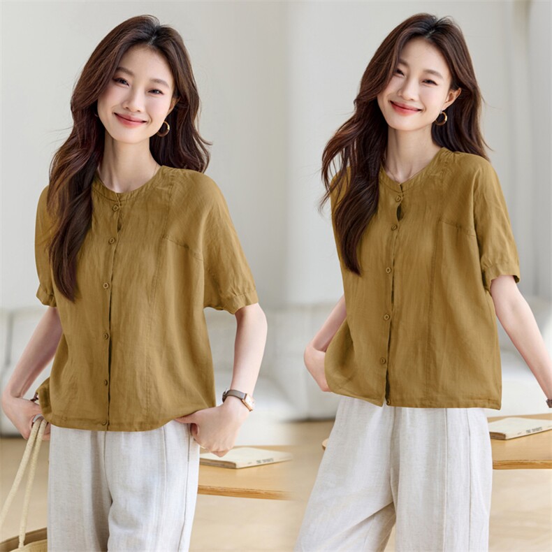 现货2025夏装夏季短袖宽松麻料圆领衬时尚衣，女装衬衫，木子恋