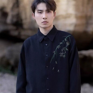 长袖衬衫男秋季新款风花卉刺绣男装潮流时尚修身内搭抗皱衬衣图片