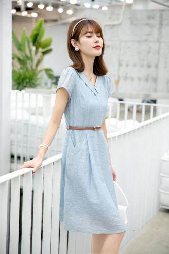 夏季新款气质提花淑女蓝色连衣裙，女装连衣裙，水锦红