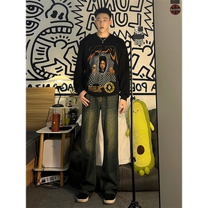 B221美式ins高街暗黑小众个性宽松直筒牛仔裤LK23140-P65控88,灰色卫裤喇叭裤搭配什么上衣图片