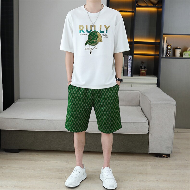 2025夏季新款时尚套装轻奢华夫格短裤男士圆领宽松潮流T恤两件套，男装休闲套装，星座1801