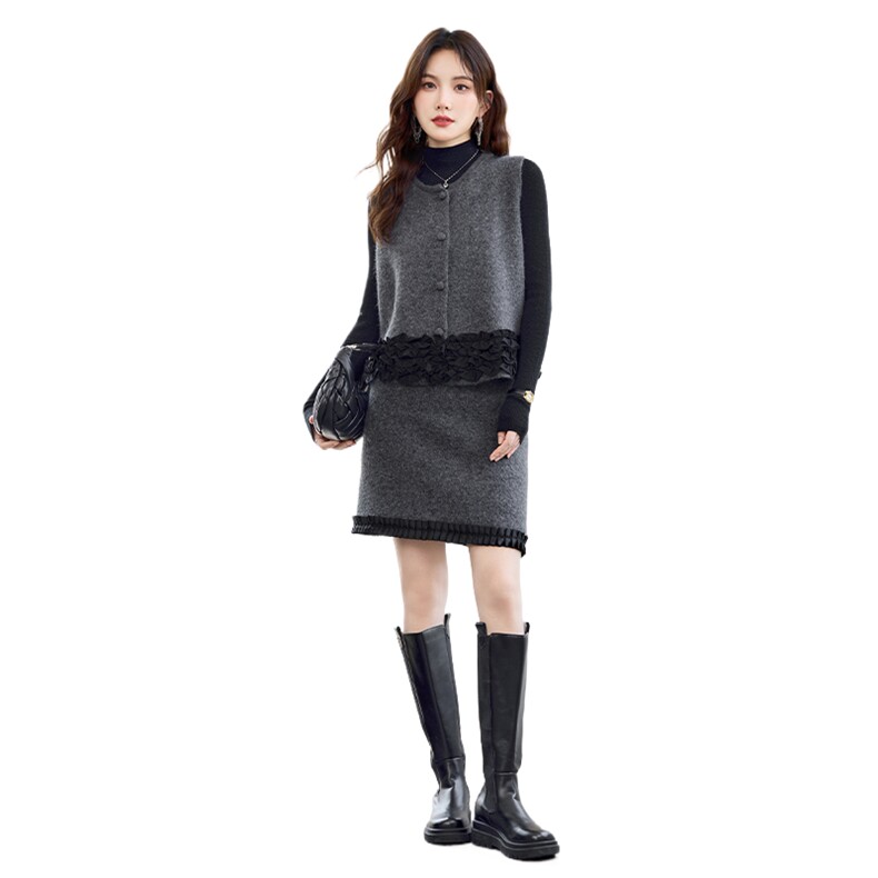 重工现货！秋季新款轻奢气质圆领重工拼接花边款时尚三件套裙女,女装套装/套裙,宝儿家
