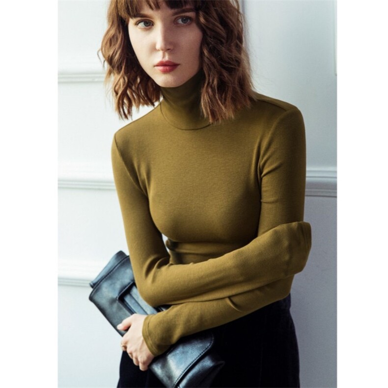莫代尔高领打底衫女2024年秋冬季直筒大版长袖T恤百搭简约上衣，女装T恤，君汇