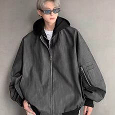 网图假两件连帽外套男春秋暗黑痞帅宽松飞行员夹克J8539-P80，男装夹克，星座1001-1