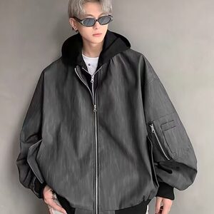 网图 假两件连帽外套男春秋暗黑痞帅宽松飞行员夹克 J8539 -P80图片