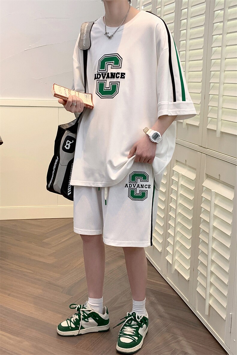 夏装学生潮简约运动半袖套装2023印花短裤T恤男女6632-P60控价88,男装T恤,电商A441-1