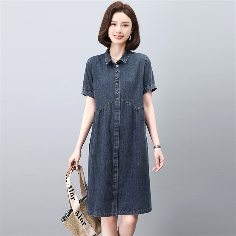 牛仔连衣裙女夏季2025新款宽松大码显瘦法式气质衬衫裙妈妈薄裙子,女装连衣裙,韩派