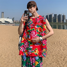 夏大码东北大花布男背心坎肩运动马甲男装风民族牡丹花MJ01，男装背心/马甲，星座115A(原星座507）