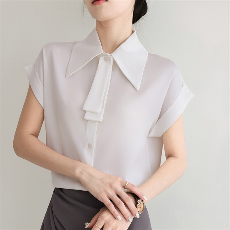 夏季新款简约领结短袖衬衣女宽松百搭显瘦时尚休闲上衣,女装衬衫,朝贺羊绒