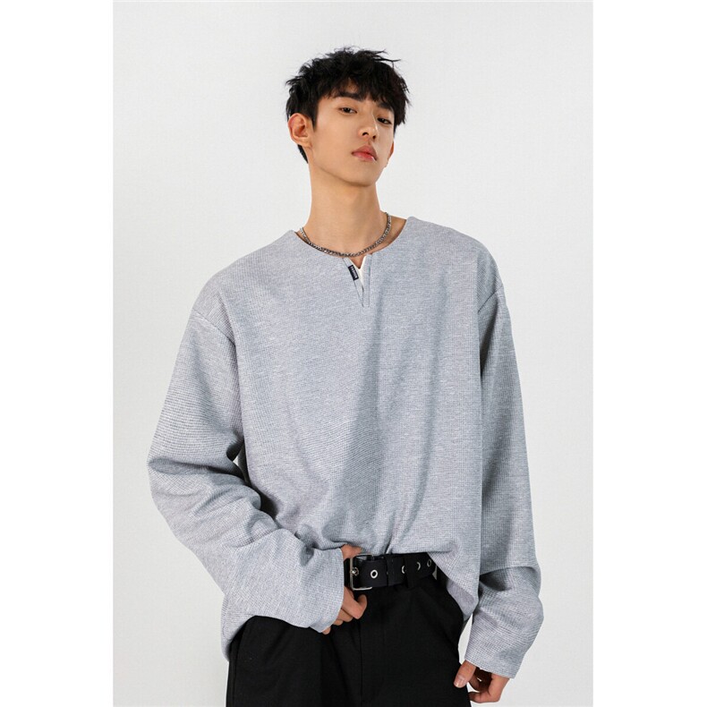 港风春季打底衫宽松长袖T恤春装V字亨利领男套头上衣S389特P28，男装T恤，电商A233-1