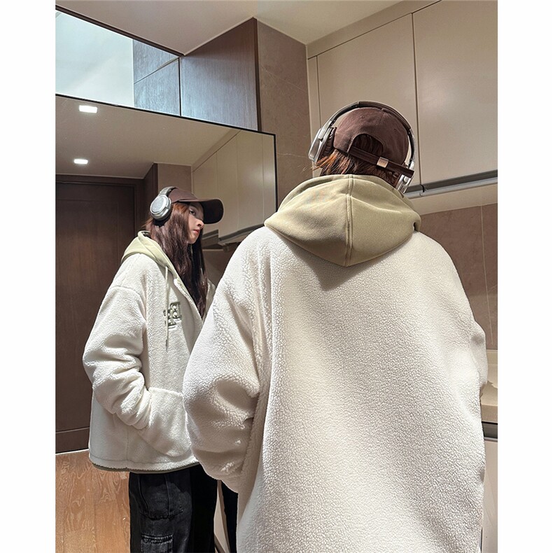 eq334贴补刺绣拼接连帽羊羔毛外套男女情侣装2024新款加厚棉服,男装棉衣,电商C306-1