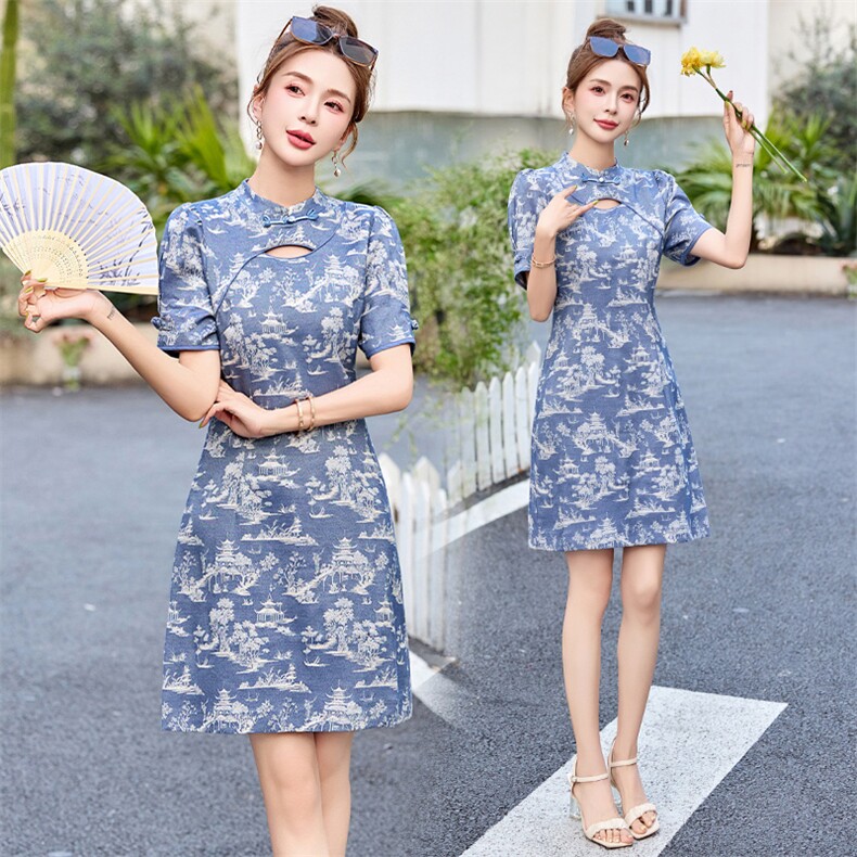 新中式风连衣裙女夏改良旗袍2025年新款高端小个子修身短款裙子,女装连衣裙,依多米