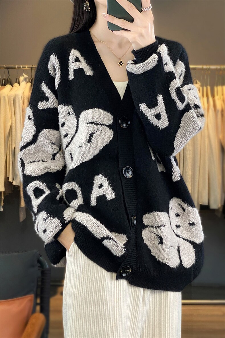 时尚字母图案宽松显瘦舒适时尚羊绒开衫女,女装羊绒衫,琳华羊绒