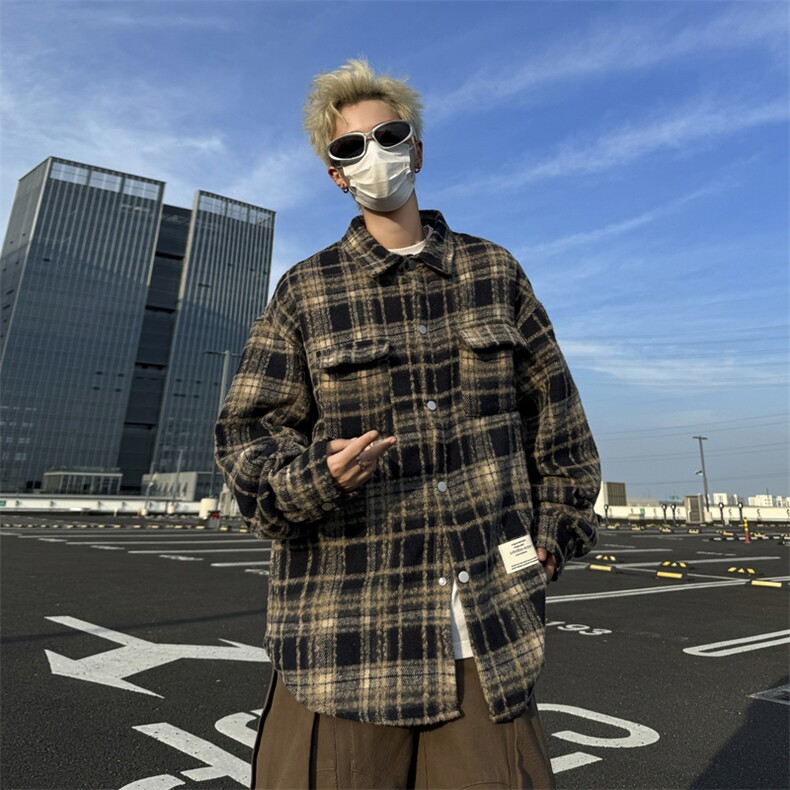 港风秋款男条纹格子夹克贴标宽松衬衫休闲外套JK0027P55,男装夹克,星座1013-1