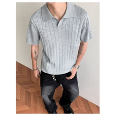 美式复古polo领竖条纹针织短袖修身百搭T翻领针织衫上衣-PL507，男装Polo衫，星座601-1