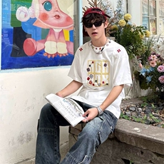 万针全刺绣工艺抖音得物高品质260克重磅纯棉双纱美式高街短袖T恤，男装T恤，电商A486-1