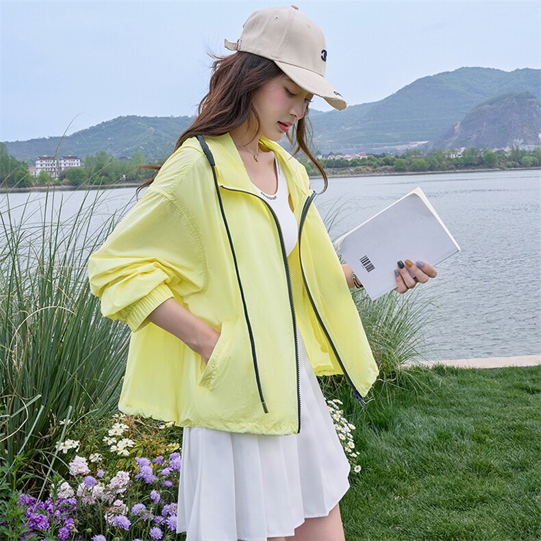 黄色撞色防晒衣女夏季新款轻量清爽防紫外线户外开衫防晒服,女装防晒衣,梦懿尔