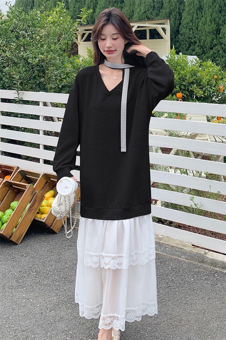 2025新款现货！超美连衣裙春季长袖拼接蕾丝下摆配飘带,女装连衣裙,1C151