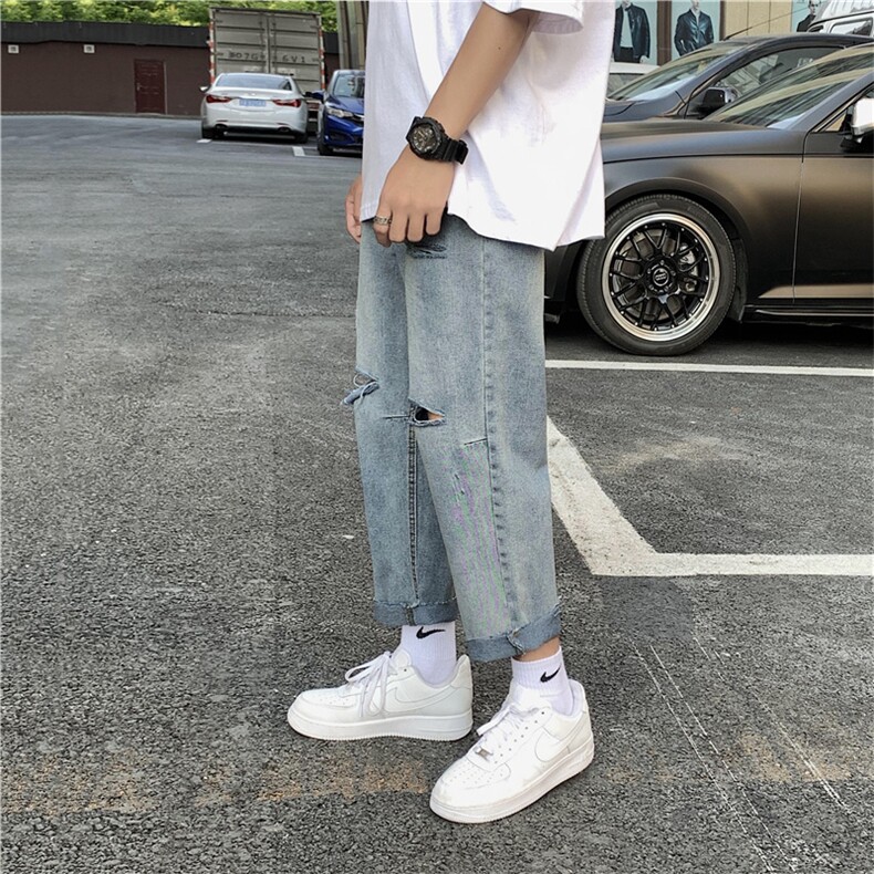主推kz11夏季港风浅色破洞牛仔裤男宽松潮流百搭九分裤子F64,男装牛仔裤,星座1008